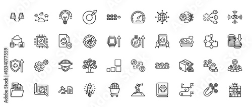 Business and technology line icon set. vector pictograms of strategy, data analysis, development, and progress, thin linear illustration.