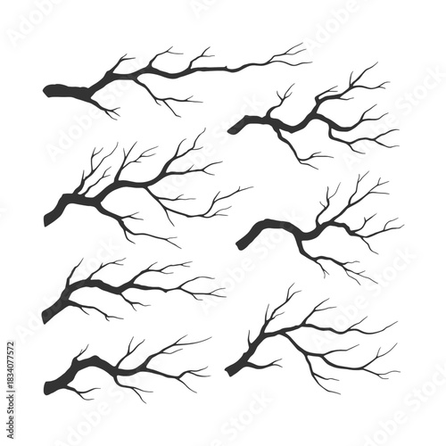 Vector set of bare winter tree branches illustrated in detailed sketch style, perfect for seasonal compositions, nature elements, botanical designs, Halloween accents, and atmospheric artwork.