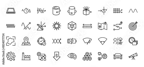 Technology and engineering line icon set. Vector pictograms of gear, factory, waveform, map, and battery, thin linear illustration.
