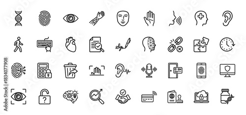 Biometric security and personal data access line icon set. Vector pictograms of fingerprint, face, eye scan, DNA, and authentication, thin linear illustration.