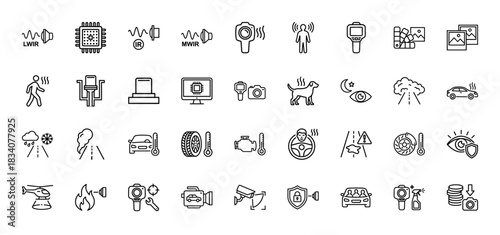 Thermal imaging and infrared sensor line icon set. Vector pictograms of longwave, midwave, heat sensing, and automotive applications, thin linear illustration.