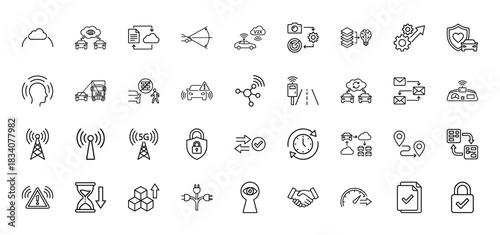 Smart connected vehicle and future mobility line icon set. Vector pictograms of v2x, cloud data, sensors, and security, thin linear illustration.