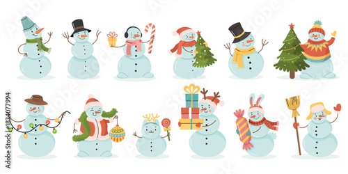 Snowmen set. Bright characters with emotions and festive details. Perfect for New Year design, kids projects and winter decor.Vector cartoon illustration