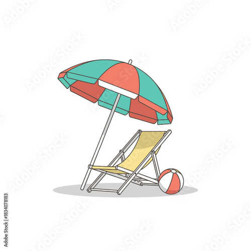 Beach chair under a colorful umbrella with a ball.