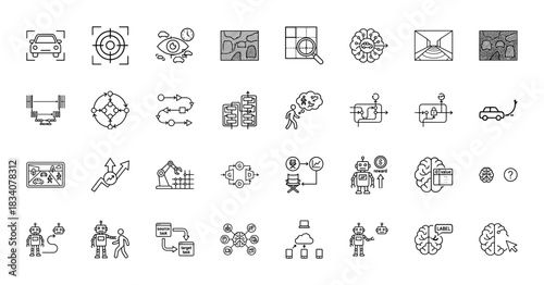 Artificial intelligence and machine learning line icon set. Vector pictograms of deep learning, neural networks, and self-driving cars, thin linear illustration.