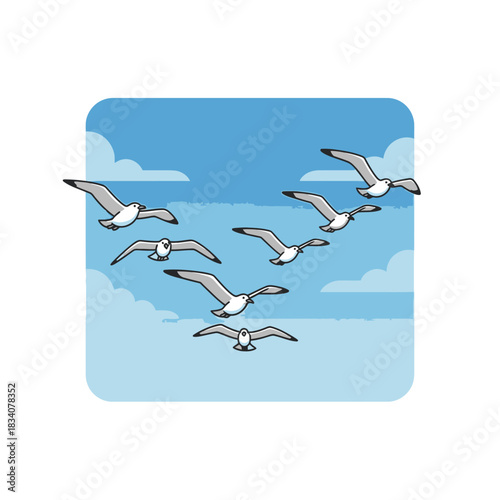 Flock of Seagulls Flying in a Blue Sky with Clouds.