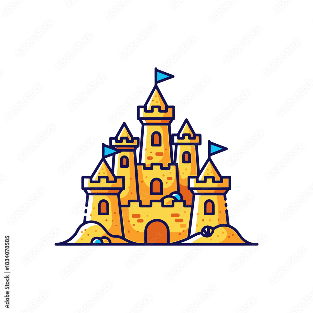 Naklejka premium Sandcastle on a beach with flags.