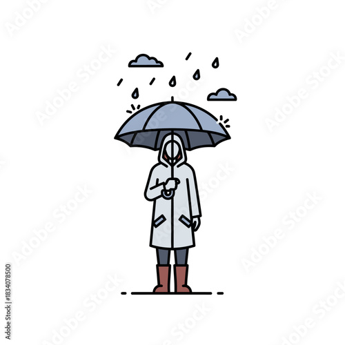 Person in raincoat holding umbrella in the rain.