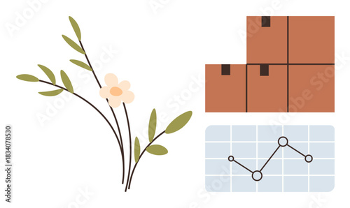 Delicate branch with flowers, stacked boxes, and graph linking growth, logistics, and data. Ideal for business, environment, ecology analysis logistics supply chain strategy. Simple flat metaphor