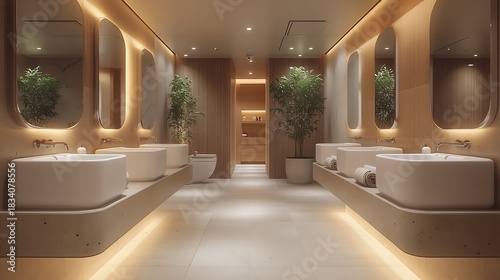 Professional washroom in a corporate setting with modern design elements neutral tones efficient layout and thoughtful amenities creating a welcoming atmosphere