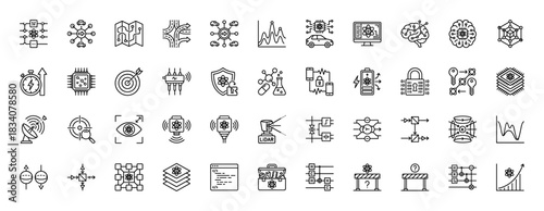 Artificial intelligence line icon set. vector pictograms of chip, brain, algorithm, lidar, security, and data, thin linear illustration.