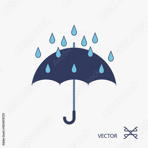 Umbrella with falling raindrops simple vector illustration.