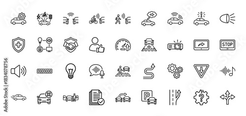 Automotive technology line icon set. Vector pictograms of autonomous driving, car safety, traffic, and warning signs, thin linear illustration.