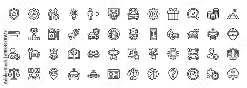 Smart car and autonomous vehicle line icon set. Vector pictograms of driving, technology, reward, and finance, thin linear illustration.