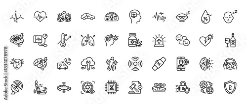 Health, automotive, and technology line icon set. Vector pictograms of heartbeat, brain activity, car monitoring, medical alert, and digital security, thin linear illustration.