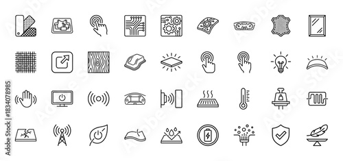 Smart material and technology line icon set. Vector pictograms of texture, leather, circuit, waterproof, flexible screen, sensor, thermal test, thin linear illustration.