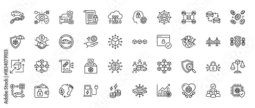 Smart car and blockchain technology line icon set. Vector pictograms of decentralized autonomous organization, contract, security, and electric charging, thin linear illustration.