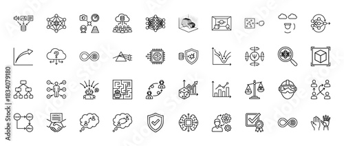 Artificial intelligence and data science line icon set. Vector pictograms of deep learning, machine learning, and business analytics, thin linear illustration.