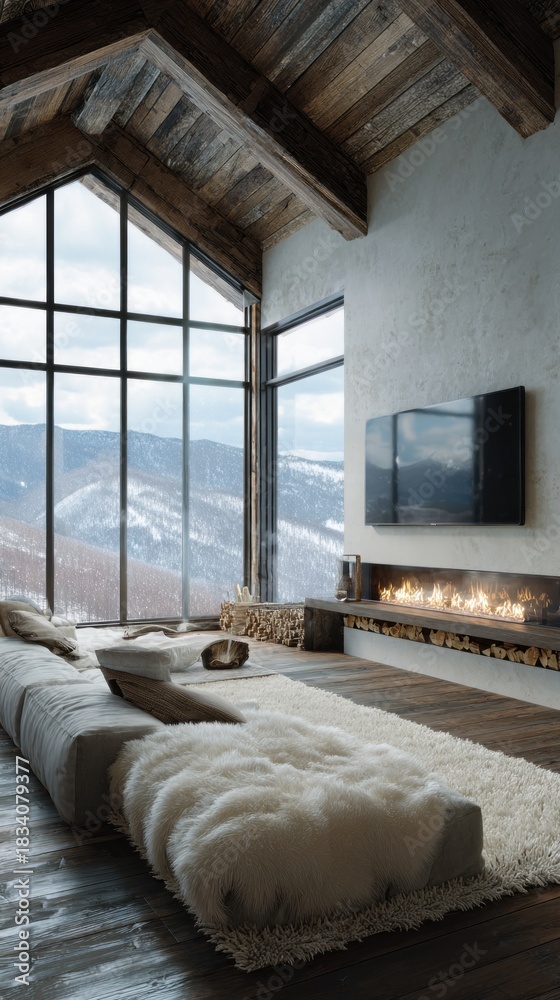 Naklejka premium A warm and inviting living space features a plush area rug and a sleek fireplace, framed by large windows that showcase breathtaking mountain scenery. Soft textures create a serene atmosphere