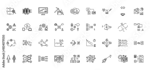 Artificial intelligence and machine learning line icon set. Vector pictograms of neural network, algorithm, data mining, robot, cloud and analytics, thin linear illustration.