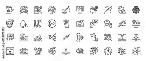 Medical technology line icon set. Vector pictograms of robotic surgery, ai brain, telemedicine, vr glasses, 3d printing, laser, surgeon, thin linear illustration.