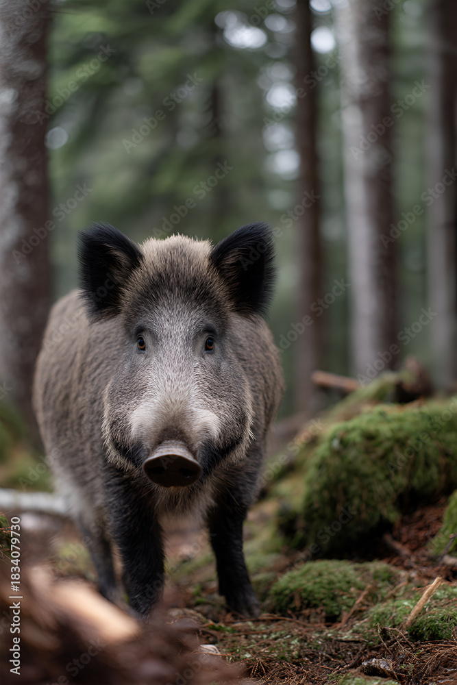Fototapeta premium Wild boar standing in a lush green forest, surrounded by moss-covered ground and tall trees, showcasing the beauty of nature and wildlife in a serene environment