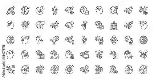 Neurology and artificial intelligence line icon set. Vector pictograms of brain activity, ai chip, genetics, and sleep, thin linear illustration.
