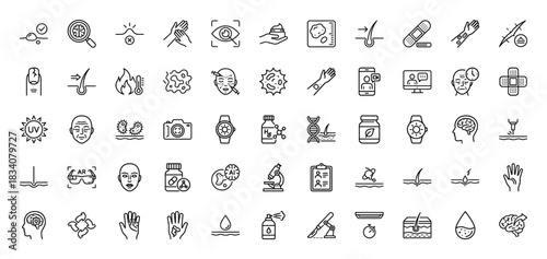 Dermatology and skincare line icon set. Vector pictograms of skin layers, acne, aging, laser, injection, cream, hair follicle, rash, scar, dna, thin linear illustration.