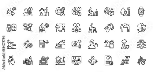 Senior care line icon set. Vector pictograms of falling, brain health, mobility, medication, vision, hearing, emotional support, and home monitoring, thin linear illustration.