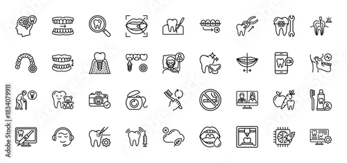 Dentistry line icon set. vector pictograms of tooth, implant, braces, x-ray, extraction, and oral hygiene, thin linear illustration.