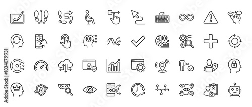 User experience and technology line icon set. Vector pictograms of gesture, biometrics, artificial intelligence, security, chatbot and cloud, thin linear illustration.