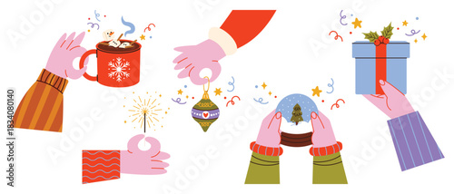 Christmas hands hold a New Year's snow globe, cup of cocoa, sparkler, Christmas tree decoration. Set of hands with festive decorations. Vector illustration on white background