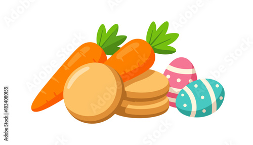Easter cookies, carrots, and colorful eggs in a festive arrangement  