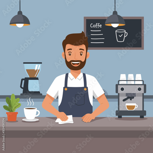 Smiling barista preparing coffee at a cafe counter in a modern setting  