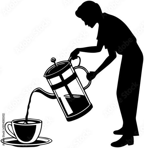 Coffee Silhouette – French Press Pouring into Cup with Saucer