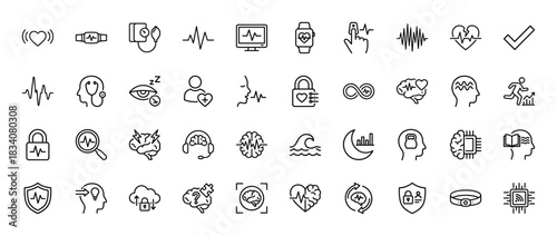 Brain activity and mental health line icon set. Vector pictograms of neuron, pulse, sleep, meditation, smart watch, neuroscience, thin linear illustration.