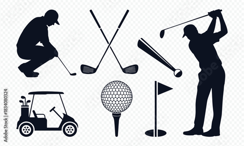 Golf Silhouette Icon Pack – Premium Black Vector Collection of Golfer Swing, Clubs, Cart, Ball, Tee, Flag & Sports Equipment for Fitness, Tournament, Coaching, and Lifestyle Designs