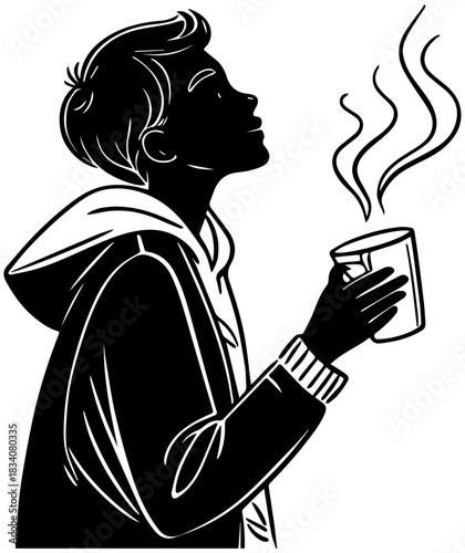 Hot Drink Silhouette – Profile with Steam and Hoodie