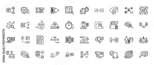 Medical artificial intelligence line icon set. Vector pictograms of neural network, brain, doctor, telemedicine, DNA, stomach scan, cloud data, thin linear illustration.