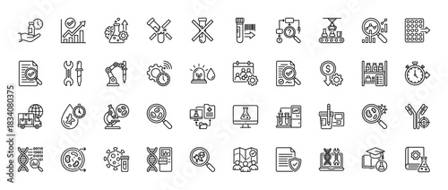 Science and biotechnology line icon set. Vector pictograms of microscope, dna, flask, bacteria, virus, vaccine, robotic arm, lab equipment, thin linear illustration.