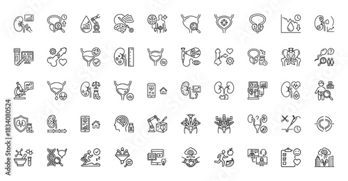 Urology line icon set. Vector pictograms of kidneys, bladder, prostate, brain, DNA, and medical robotics, thin linear illustration.