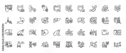 Gastroenterology line icon set. Vector pictograms of stomach, intestine, liver, pancreas, endoscopy, reflux, probiotics, celiac and metabolism, thin linear illustration.