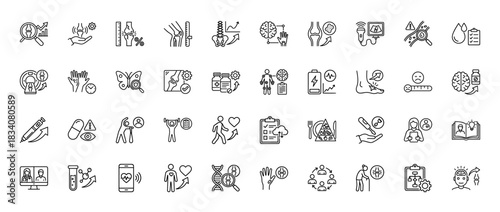 Arthritis and orthopedics line icon set. Vector pictograms of knee, bone, mri, ultrasound, senior, inflammation, physiotherapy, blood, spine, hip, thin linear illustration.