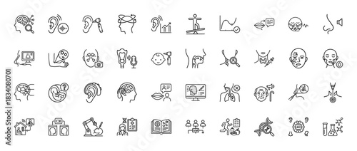 Otolaryngology line icon set. Vector pictograms of hearing, brain, ear, throat, and face, thin linear illustration.