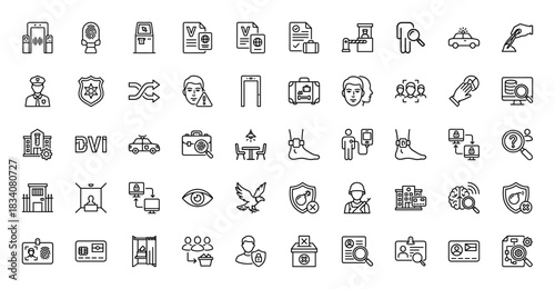 Security and police line icon set. Vector pictograms of fingerprint, passport, customs, jail, surveillance, metal detector, badge and officer, thin linear illustration.