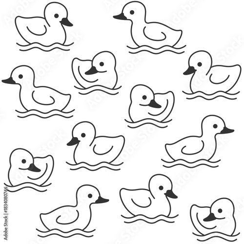 Seamless trendy pattern with duckling. Outline 
black and white print for clothing, packaging and postcards.