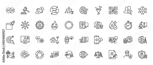 Healthcare and technology line icon set. Vector pictograms of FHIR, data exchange, security, and digital health, thin linear illustration.