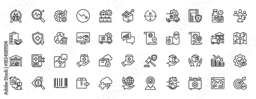 Supply chain and logistics line icon set. Vector pictograms of warehouse, truck, shipping, security, and quality control, thin linear illustration.