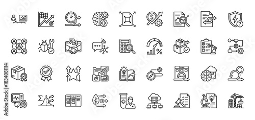 Business management and agile process line icon set. Vector pictograms of scrum, kanban, analytics, teamwork, automation, strategy, finance, thin linear illustration.