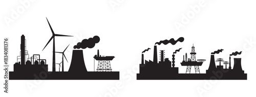 Energy Industry Silhouette, Power Plants, Oil Rigs and Renewable Infrastructure.
